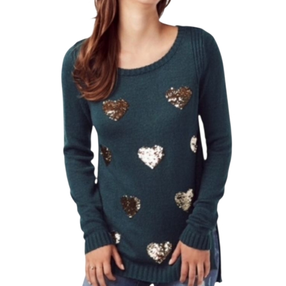Teal Sweater with Sequin Heart Accents